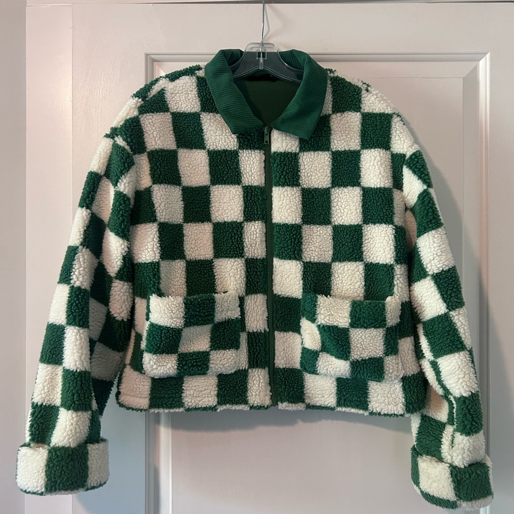 Green And White Checkered Teddy Jacket